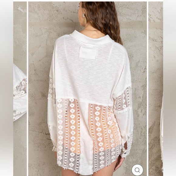 214. NWOT POL White Button-Up Shirt with Lace Inserts and Accents - Picture 2 of 2